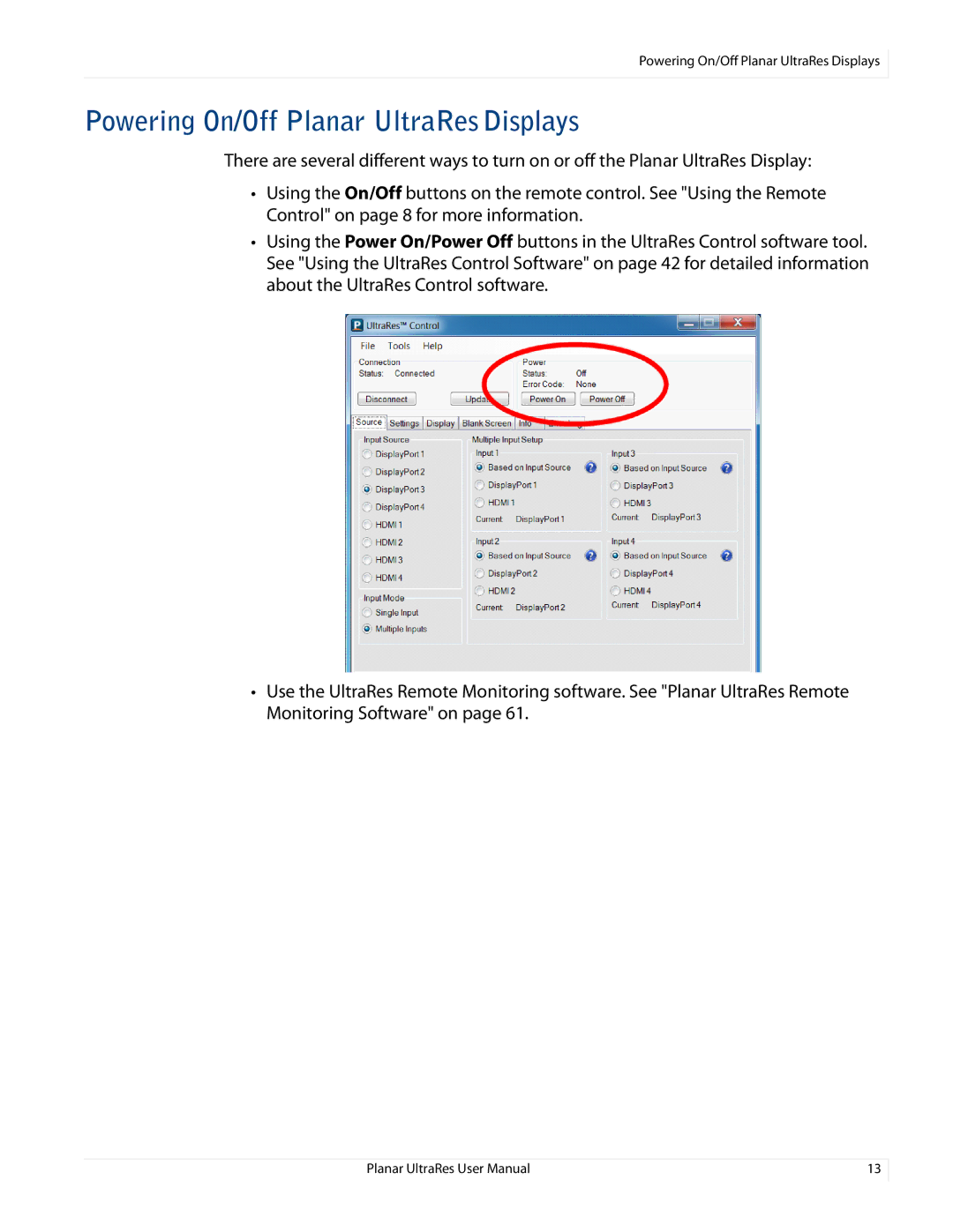 Planar 020-1229-00A user manual Powering On/Off Planar UltraRes Displays 