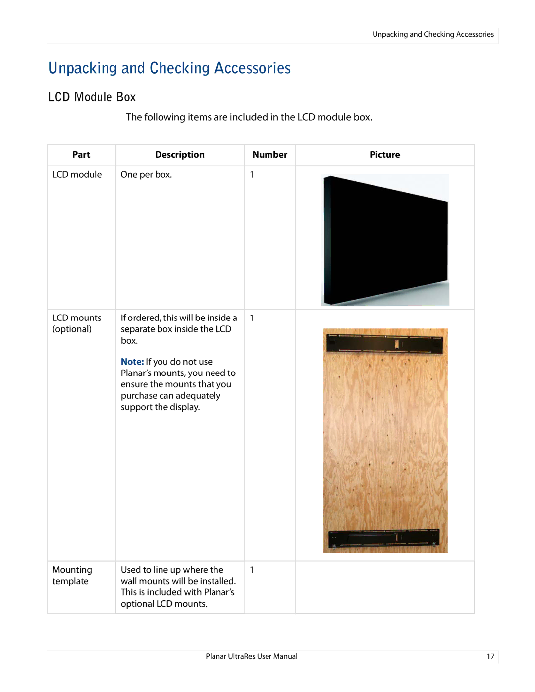 Planar 020-1229-00A user manual Unpacking and Checking Accessories, LCD Module Box 