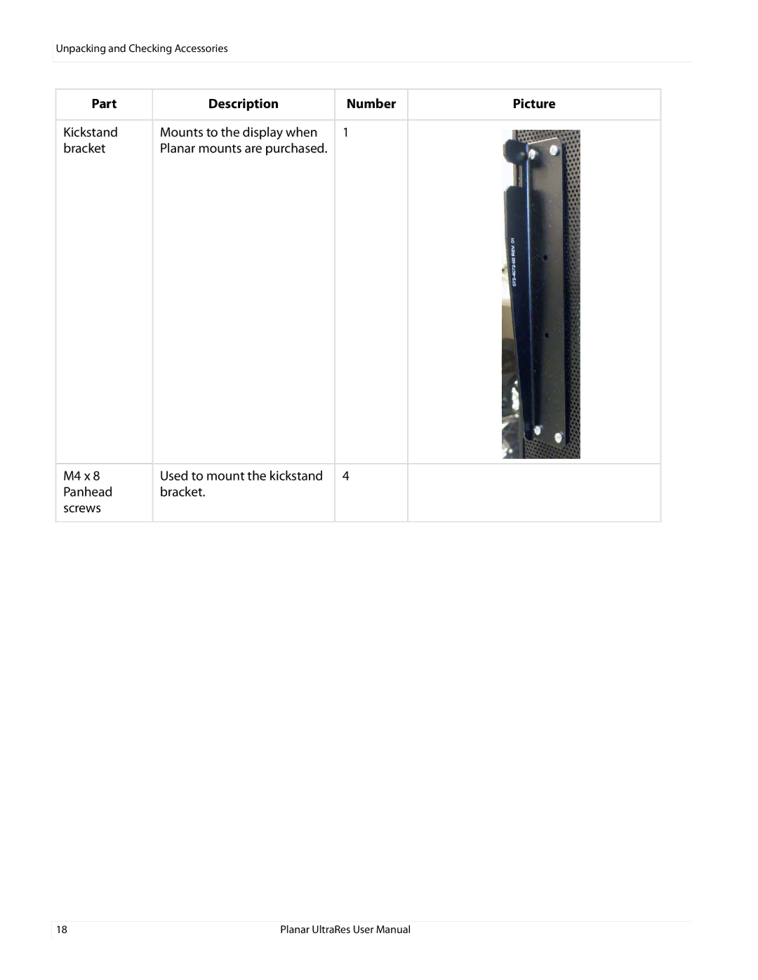 Planar 020-1229-00A user manual Kickstand Mounts to the display when Bracket 