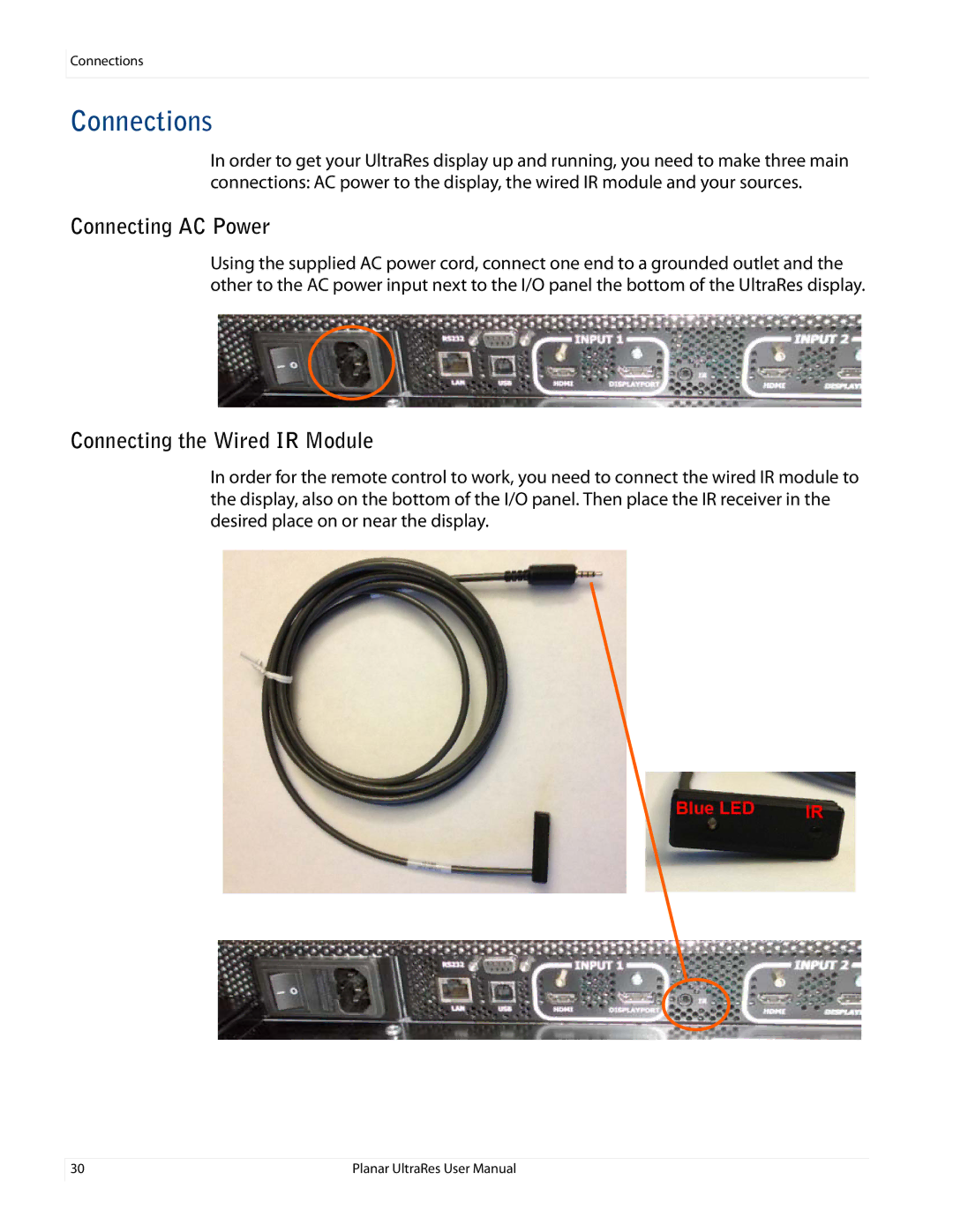 Planar 020-1229-00A user manual Connections, Connecting AC Power, Connecting the Wired IR Module 