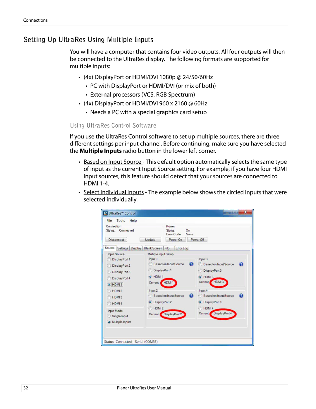 Planar 020-1229-00A user manual Setting Up UltraRes Using Multiple Inputs, Using UltraRes Control Software 