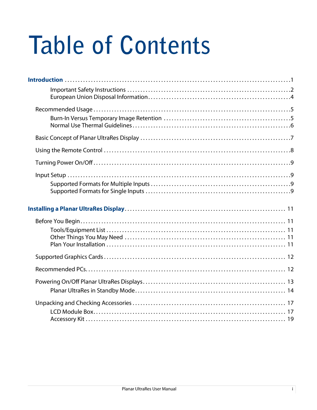 Planar 020-1229-00A user manual Table of Contents 