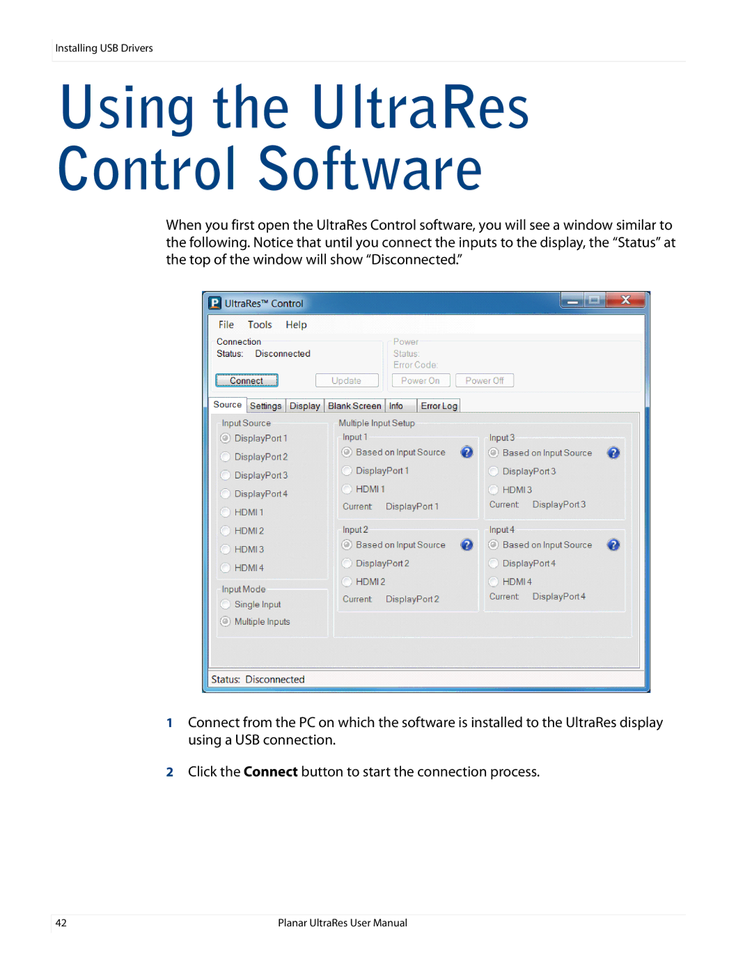 Planar 020-1229-00A user manual Using the UltraRes Control Software 