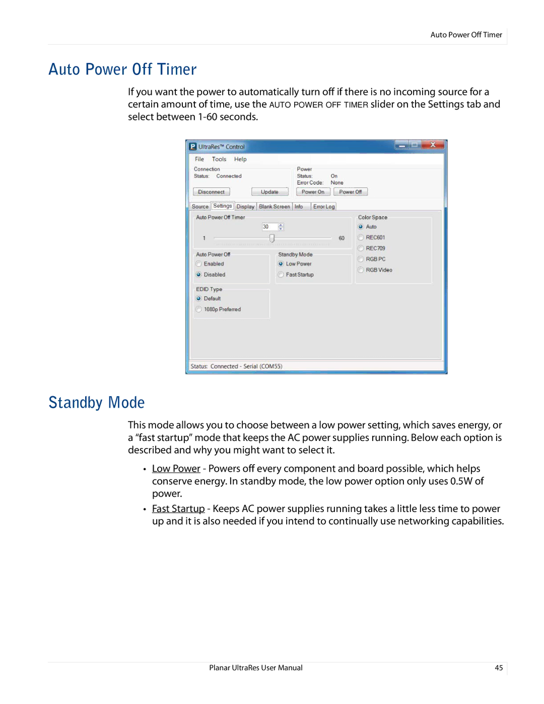 Planar 020-1229-00A user manual Auto Power Off Timer, Standby Mode 