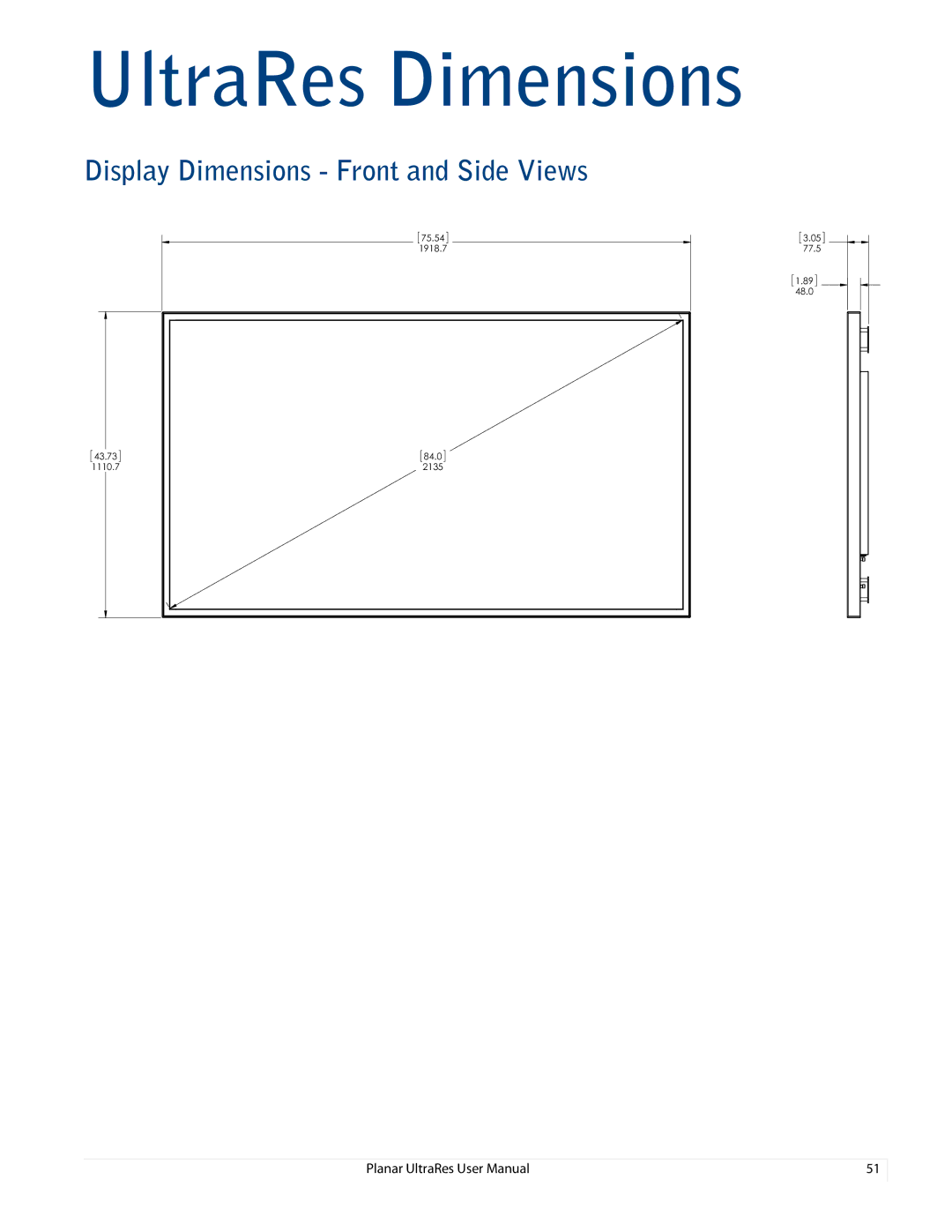 Planar 020-1229-00A user manual UltraRes Dimensions, Display Dimensions Front and Side Views 