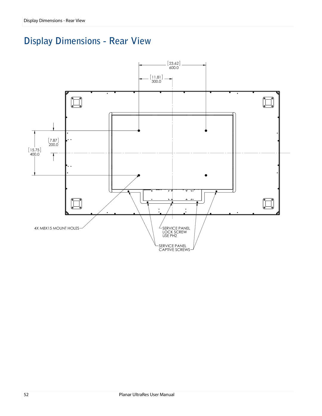 Planar 020-1229-00A user manual Display Dimensions Rear View 