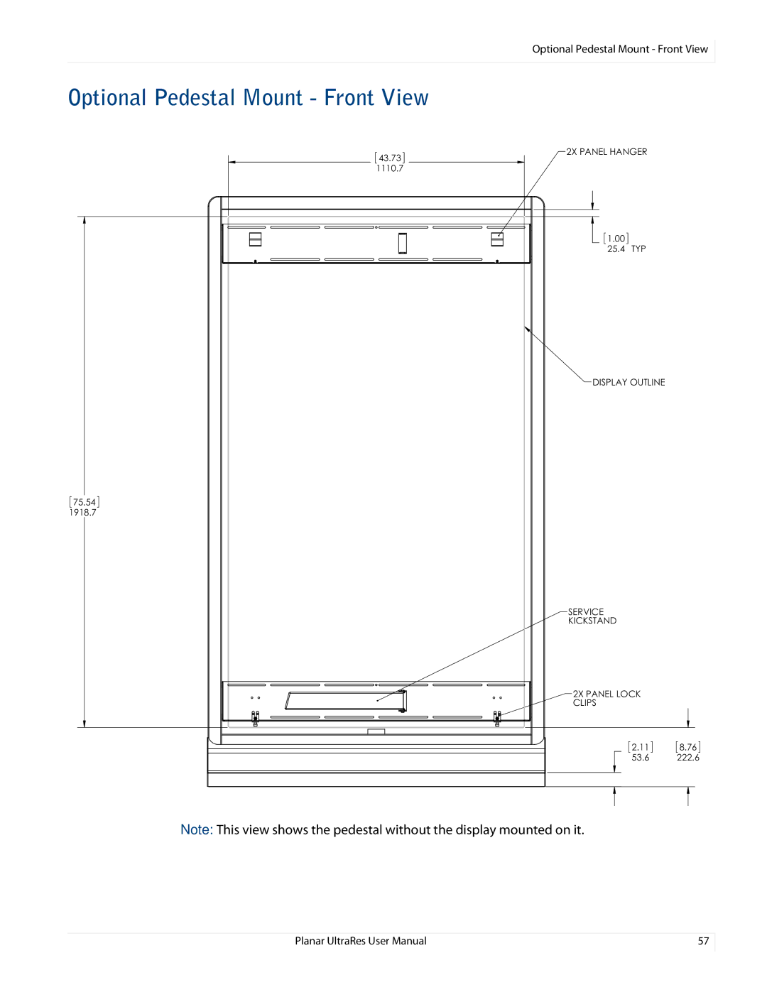 Planar 020-1229-00A user manual Optional Pedestal Mount Front View 