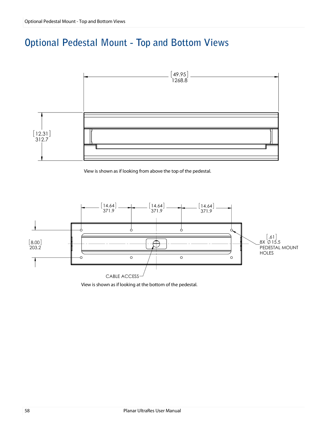 Planar 020-1229-00A user manual Optional Pedestal Mount Top and Bottom Views 