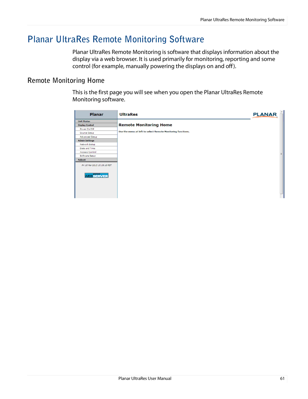 Planar 020-1229-00A user manual Planar UltraRes Remote Monitoring Software, Remote Monitoring Home 