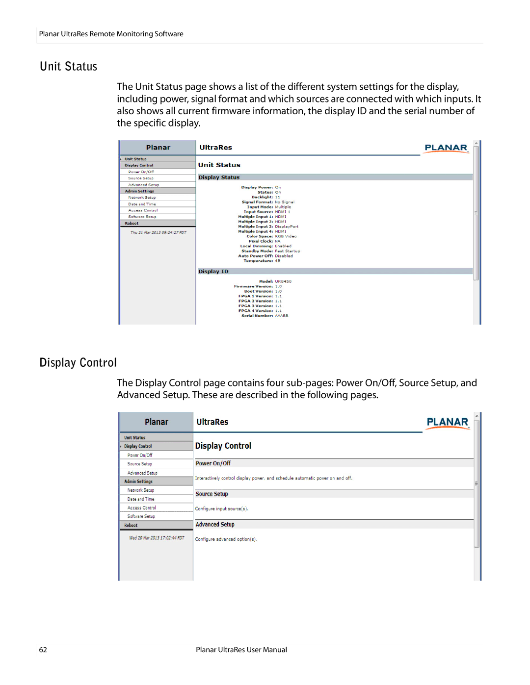 Planar 020-1229-00A user manual Unit Status, Display Control 