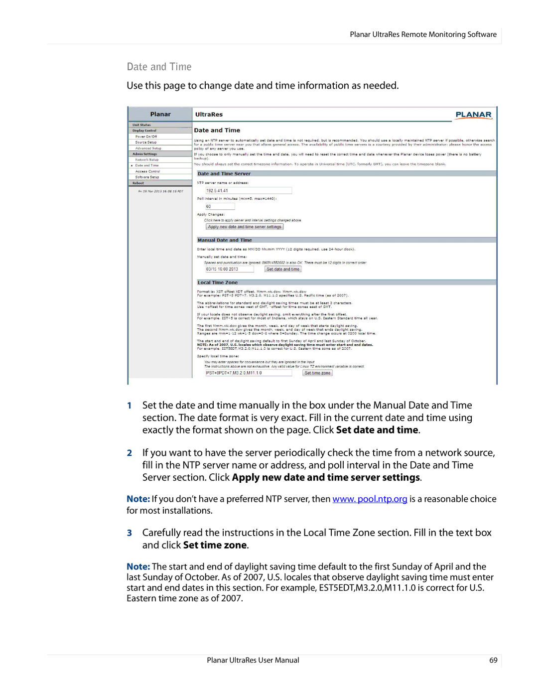 Planar 020-1229-00A user manual Date and Time, Use this page to change date and time information as needed 