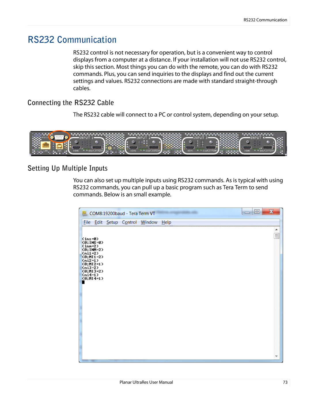 Planar 020-1229-00A user manual RS232 Communication, Connecting the RS232 Cable, Setting Up Multiple Inputs 