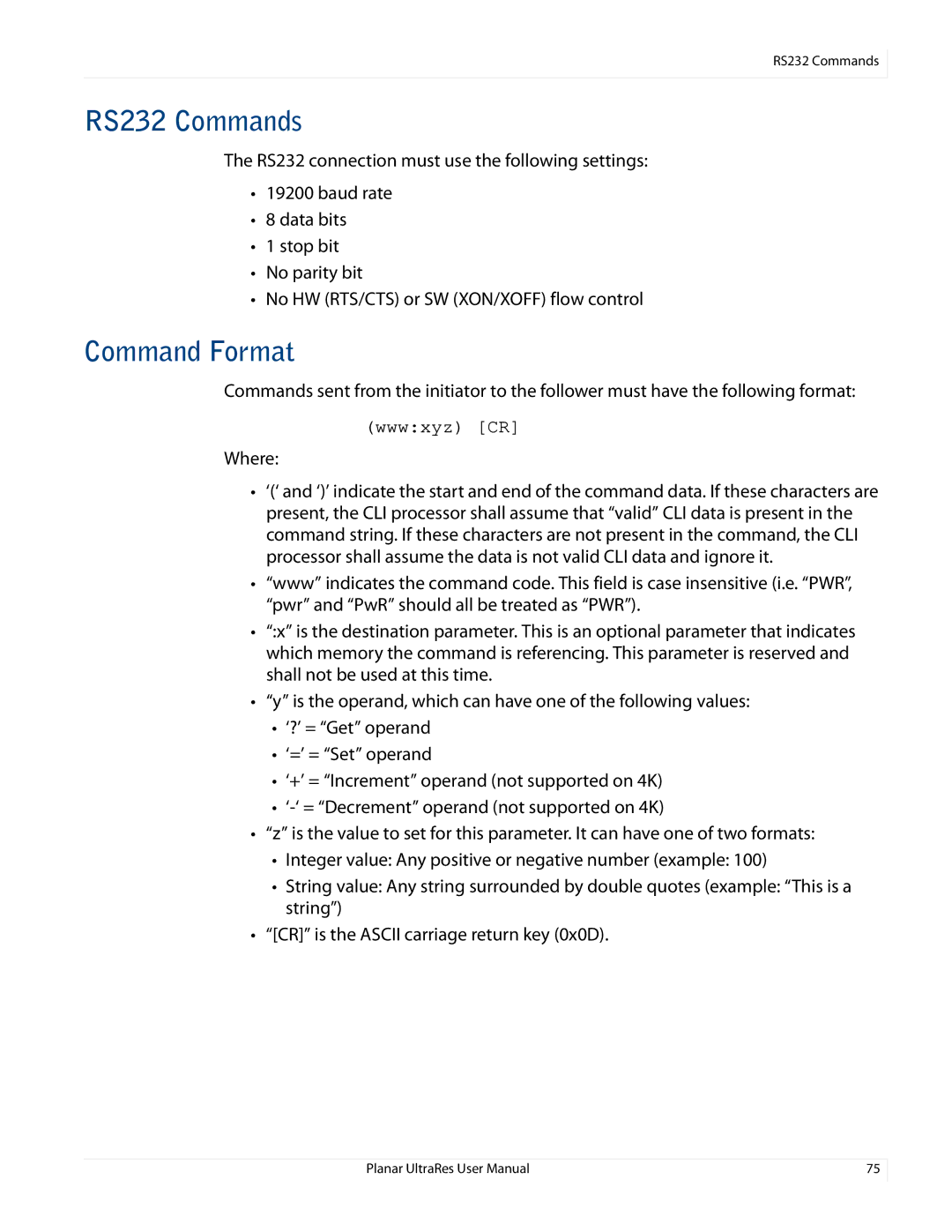 Planar 020-1229-00A user manual RS232 Commands, Command Format 