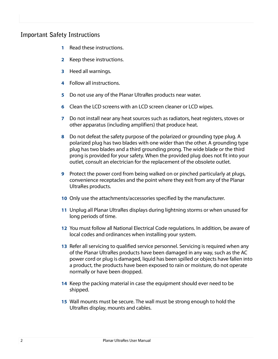 Planar 020-1229-00A user manual Important Safety Instructions 