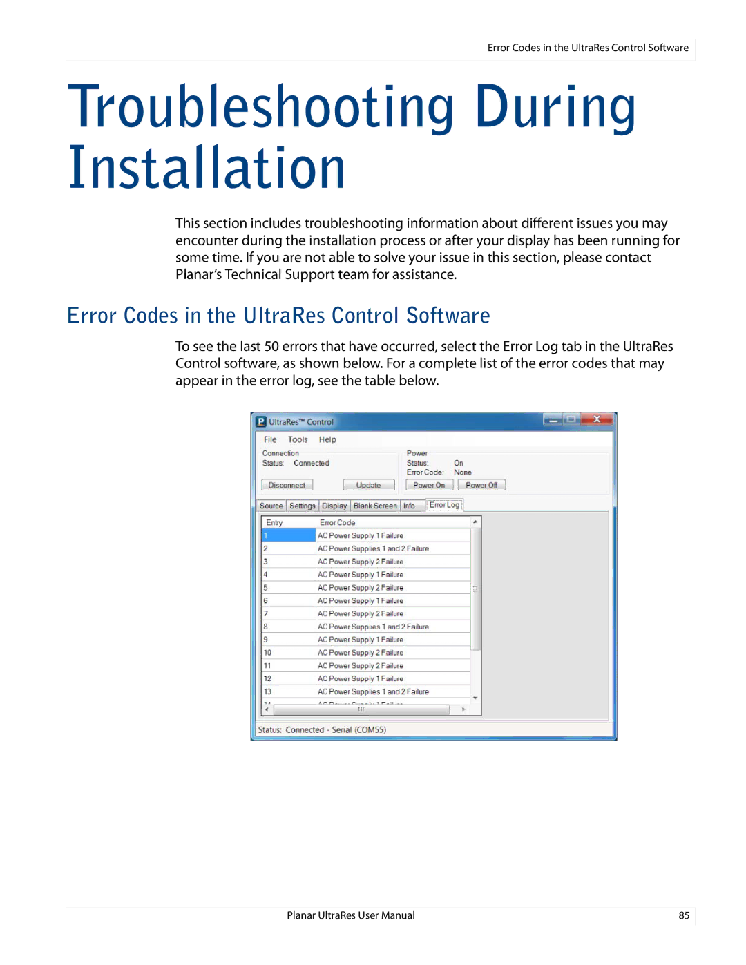 Planar 020-1229-00A user manual Troubleshooting During Installation, Error Codes in the UltraRes Control Software 