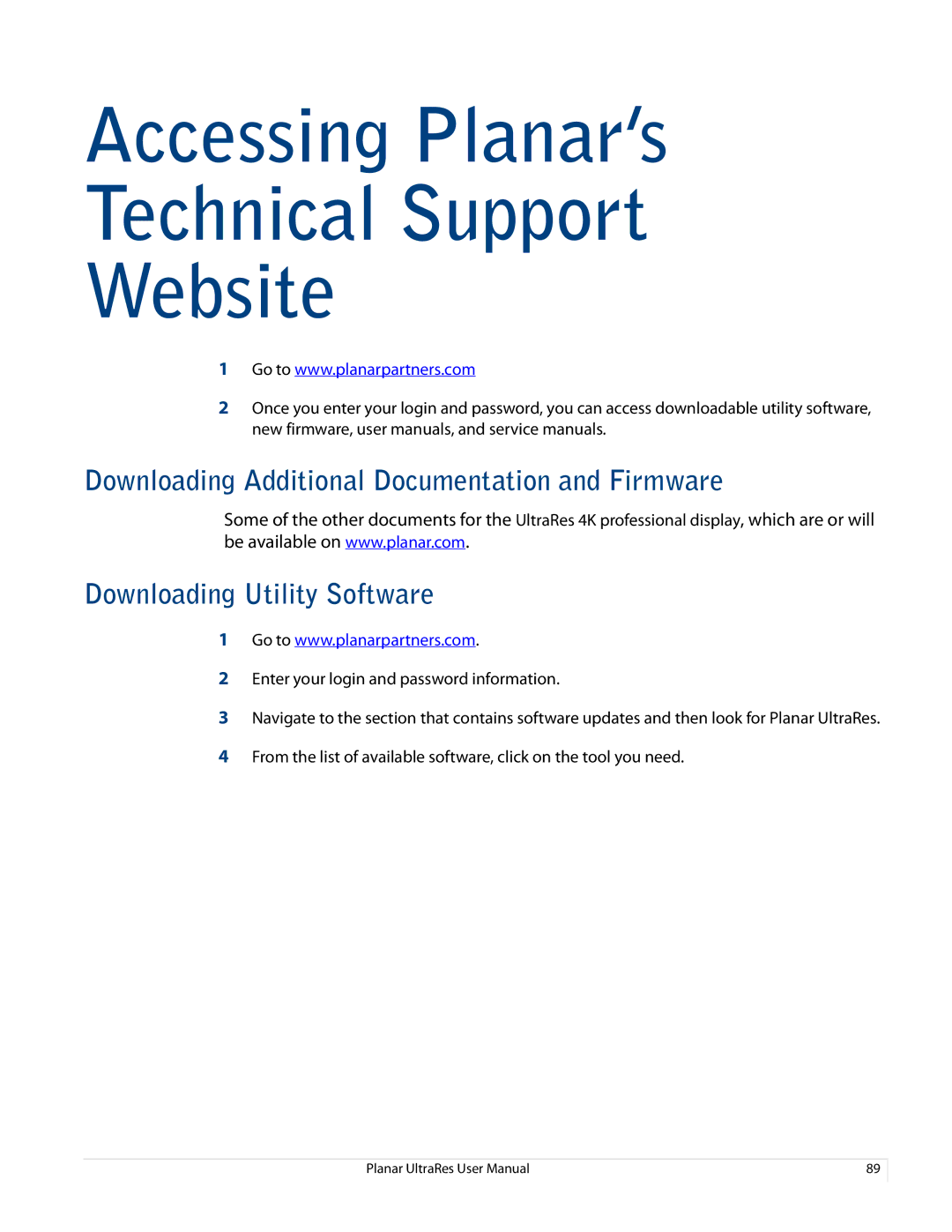 Planar 020-1229-00A user manual Accessing Planar’s Technical Support Website 