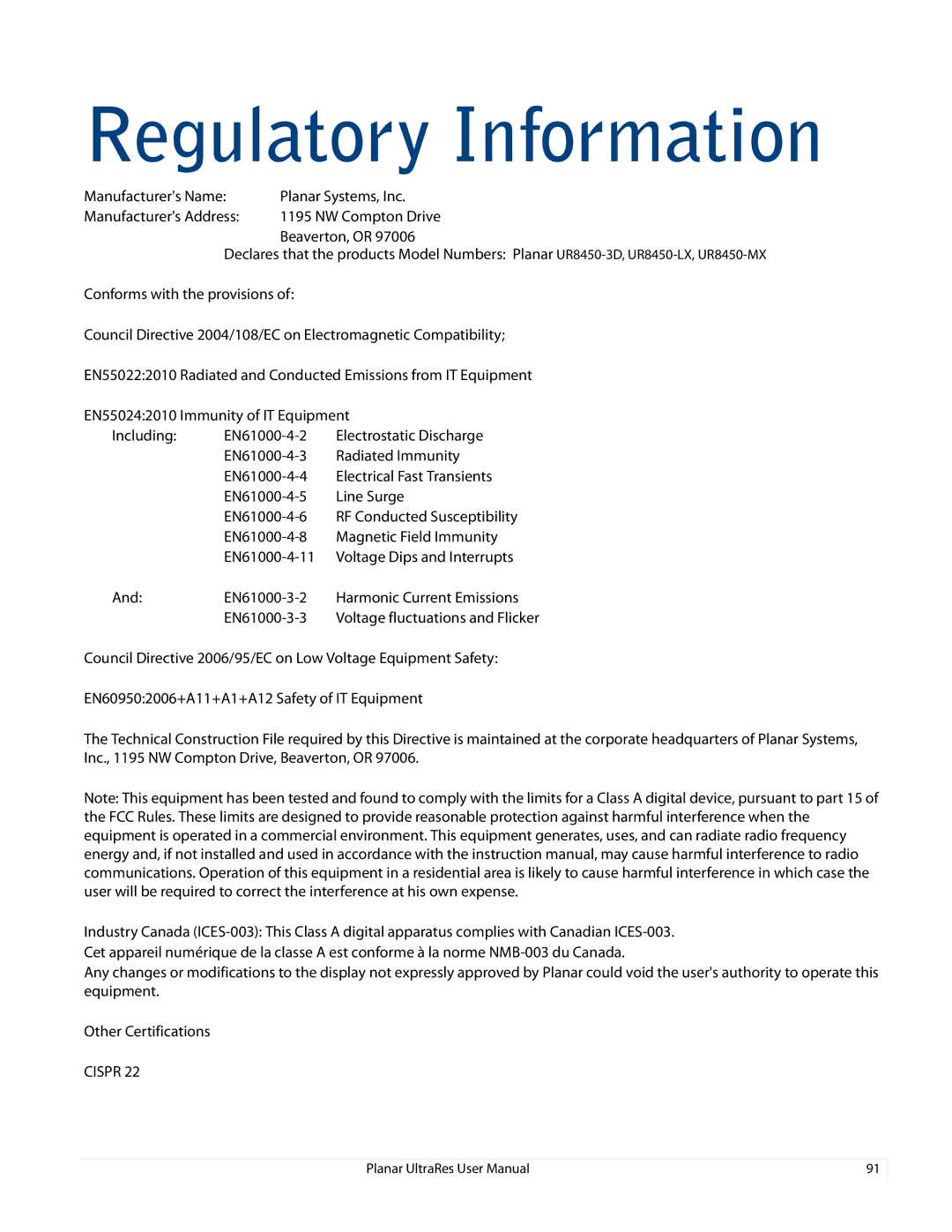 Planar 020-1229-00A user manual Regulatory Information 