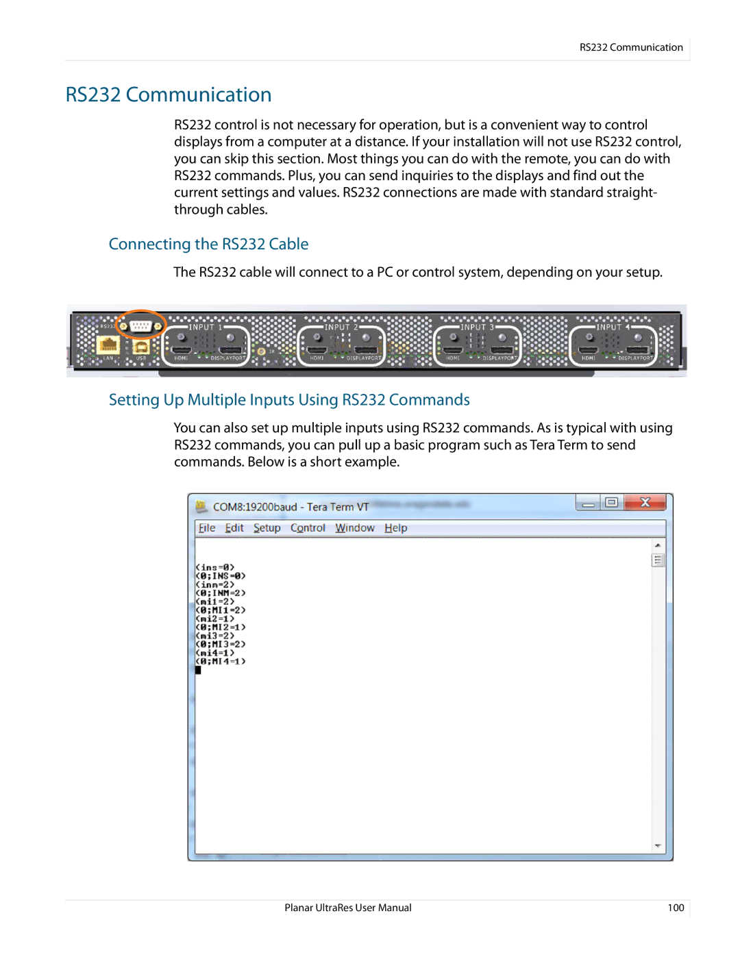 Planar 020-1229-03A RS232 Communication, Connecting the RS232 Cable, Setting Up Multiple Inputs Using RS232 Commands 