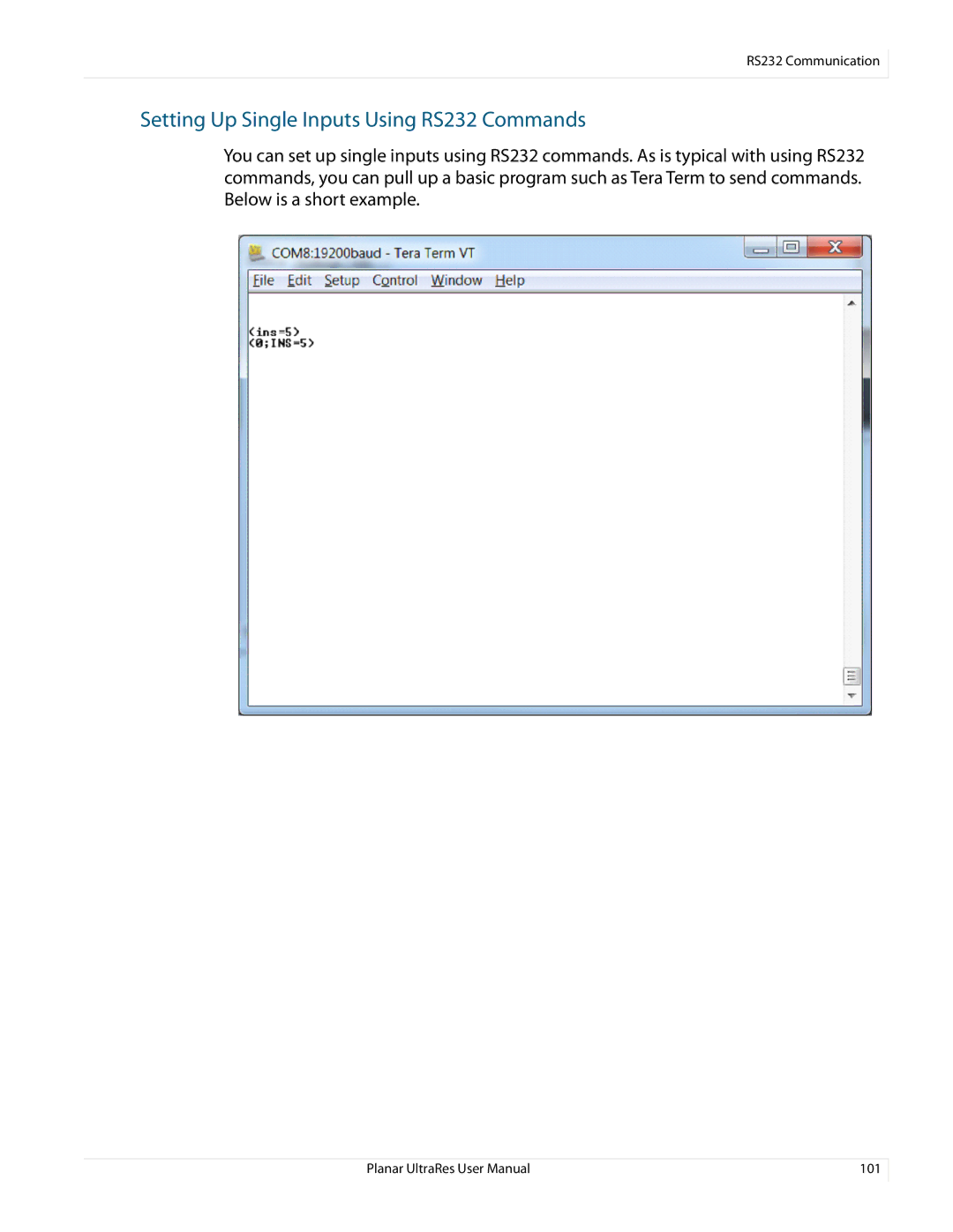 Planar 020-1229-03A user manual Setting Up Single Inputs Using RS232 Commands 