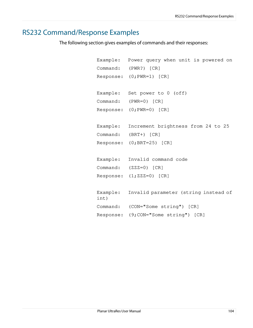 Planar 020-1229-03A user manual RS232 Command/Response Examples 