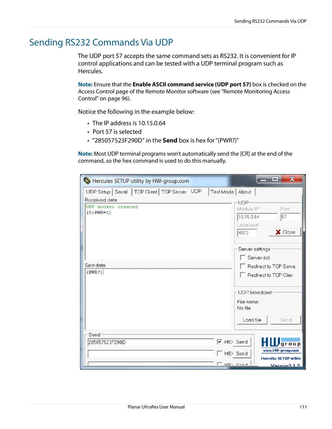 Planar 020-1229-03A user manual Sending RS232 Commands Via UDP 