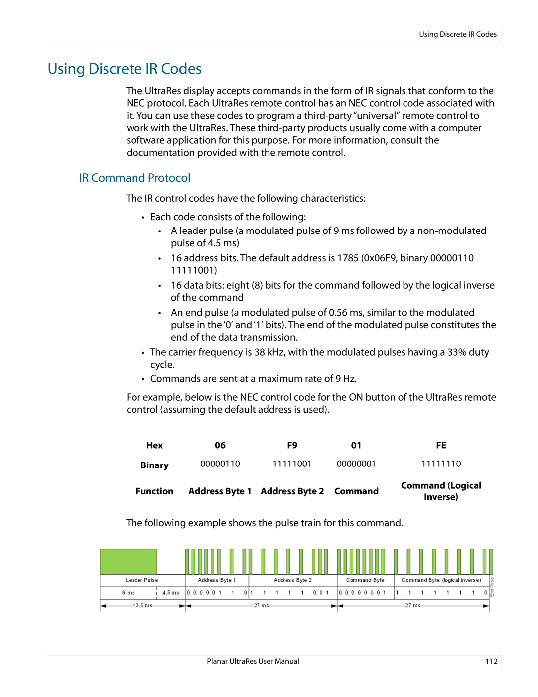 Planar 020-1229-03A user manual Using Discrete IR Codes, IR Command Protocol 