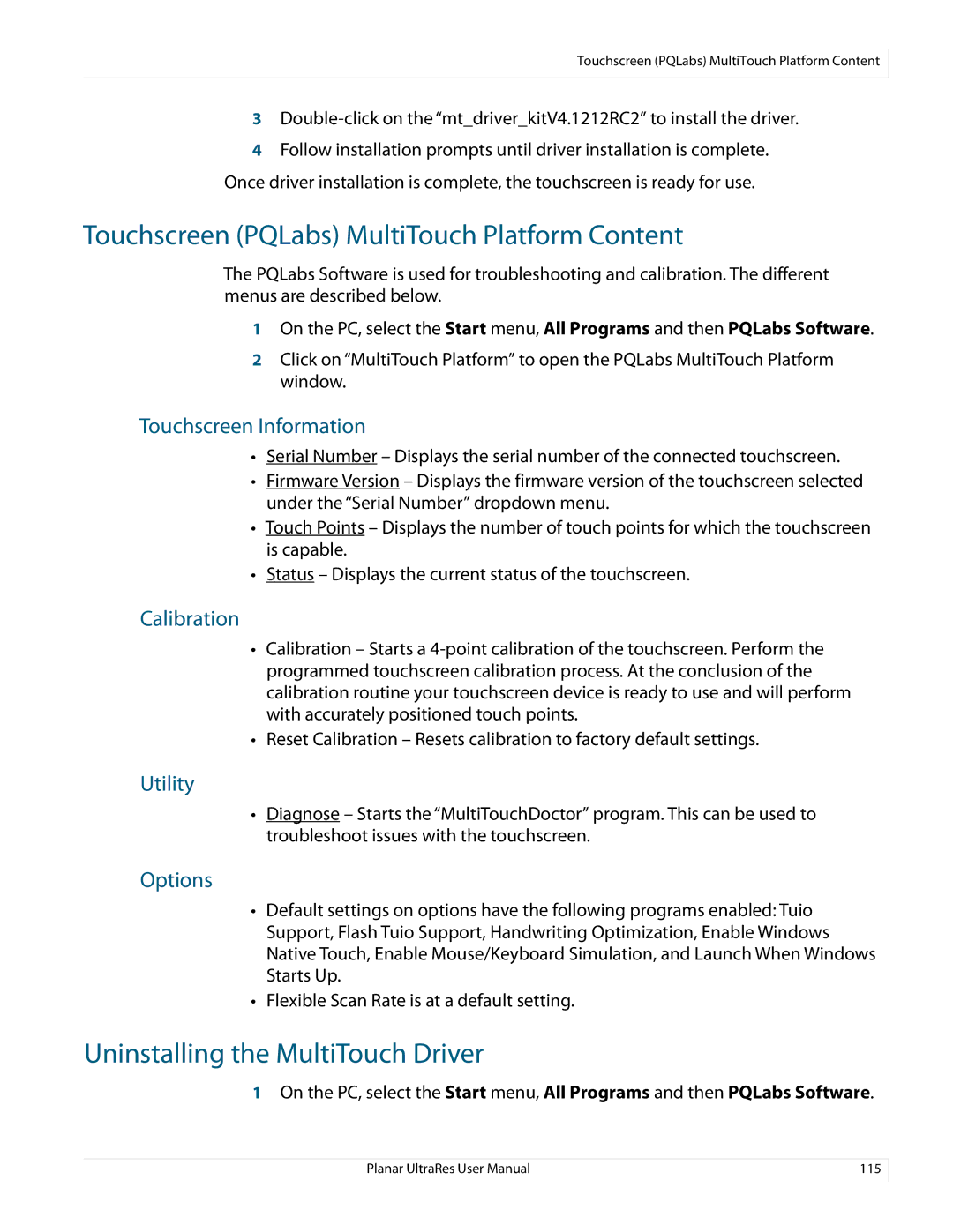 Planar 020-1229-03A user manual Touchscreen PQLabs MultiTouch Platform Content, Uninstalling the MultiTouch Driver 