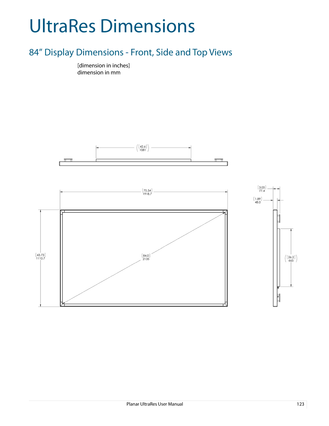 Planar 020-1229-03A user manual UltraRes Dimensions, Display Dimensions Front, Side and Top Views 