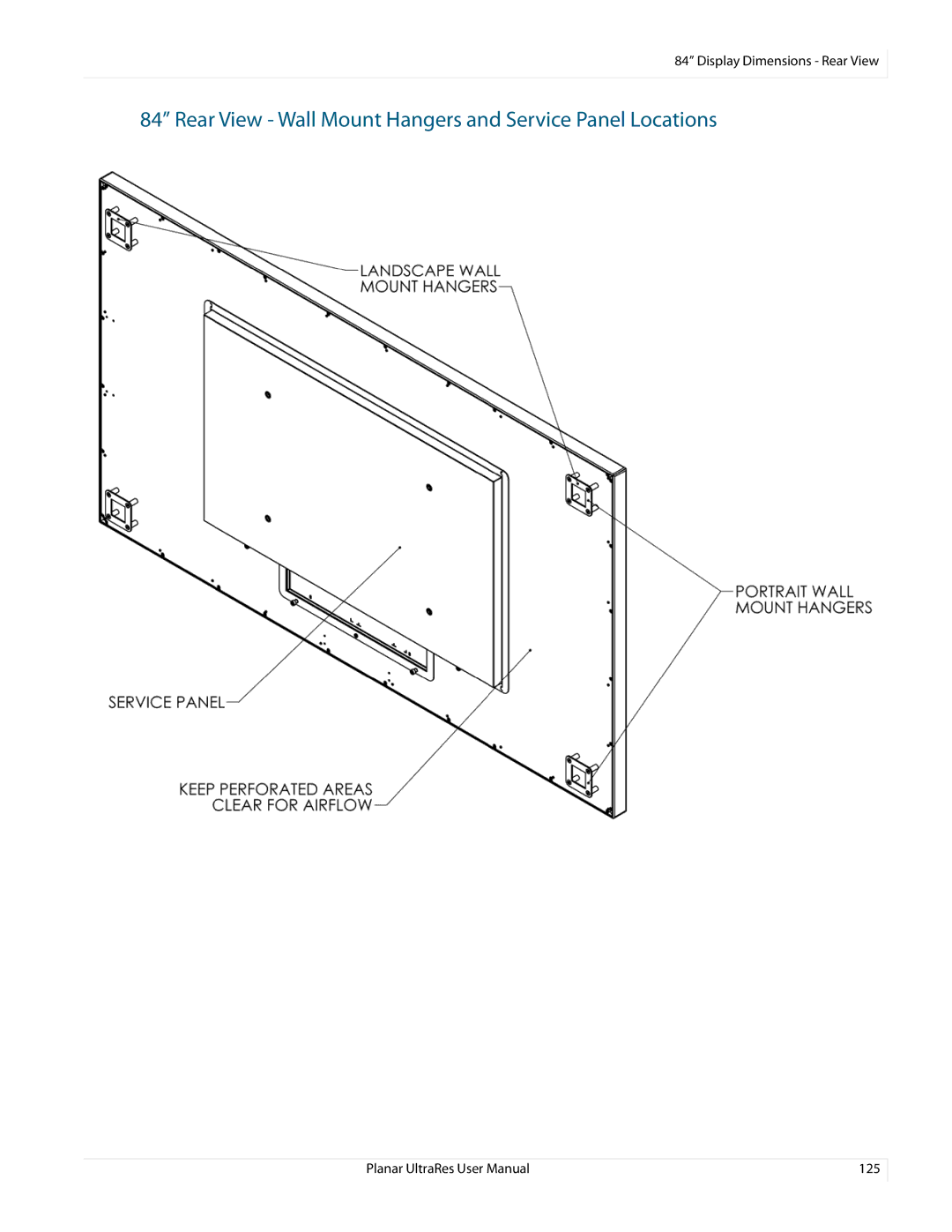 Planar 020-1229-03A user manual Rear View Wall Mount Hangers and Service Panel Locations 