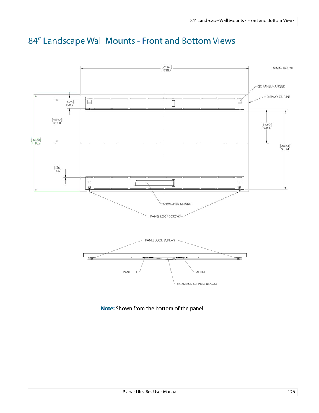 Planar 020-1229-03A user manual Landscape Wall Mounts Front and Bottom Views 