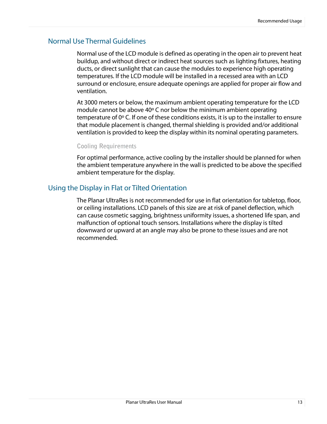 Planar 020-1229-03A user manual Normal Use Thermal Guidelines, Using the Display in Flat or Tilted Orientation 