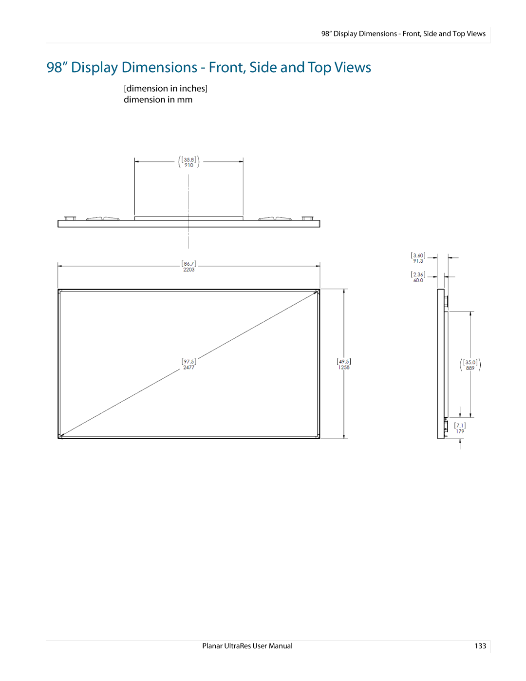 Planar 020-1229-03A user manual Display Dimensions Front, Side and Top Views 