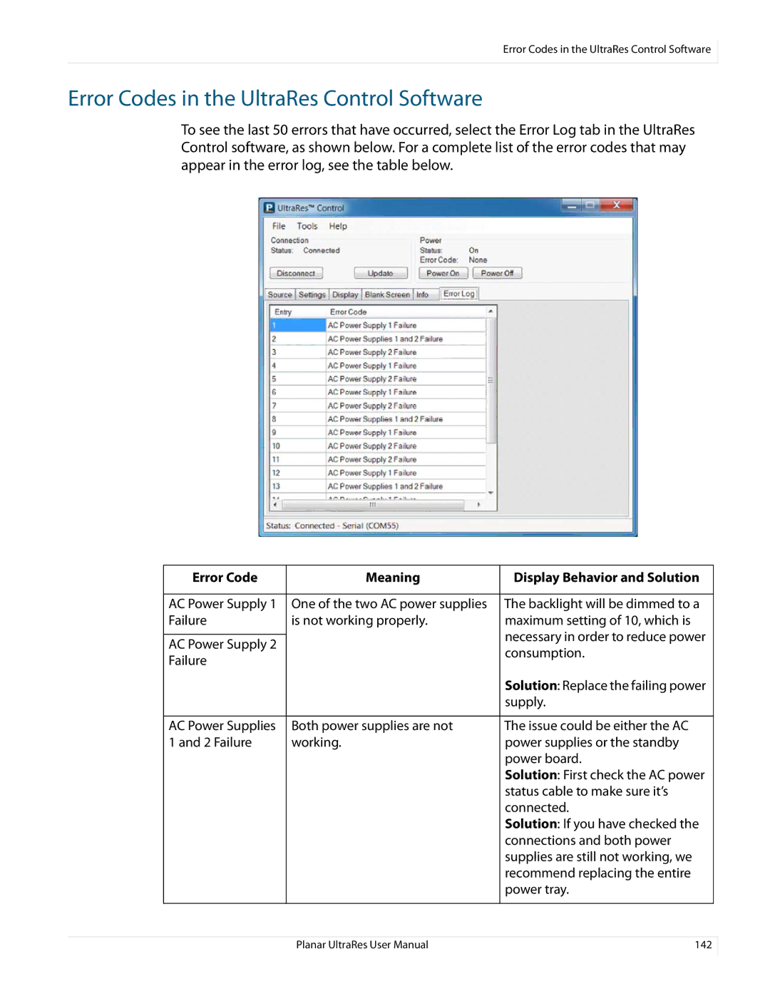 Planar 020-1229-03A user manual Error Codes in the UltraRes Control Software, Error Code Meaning 