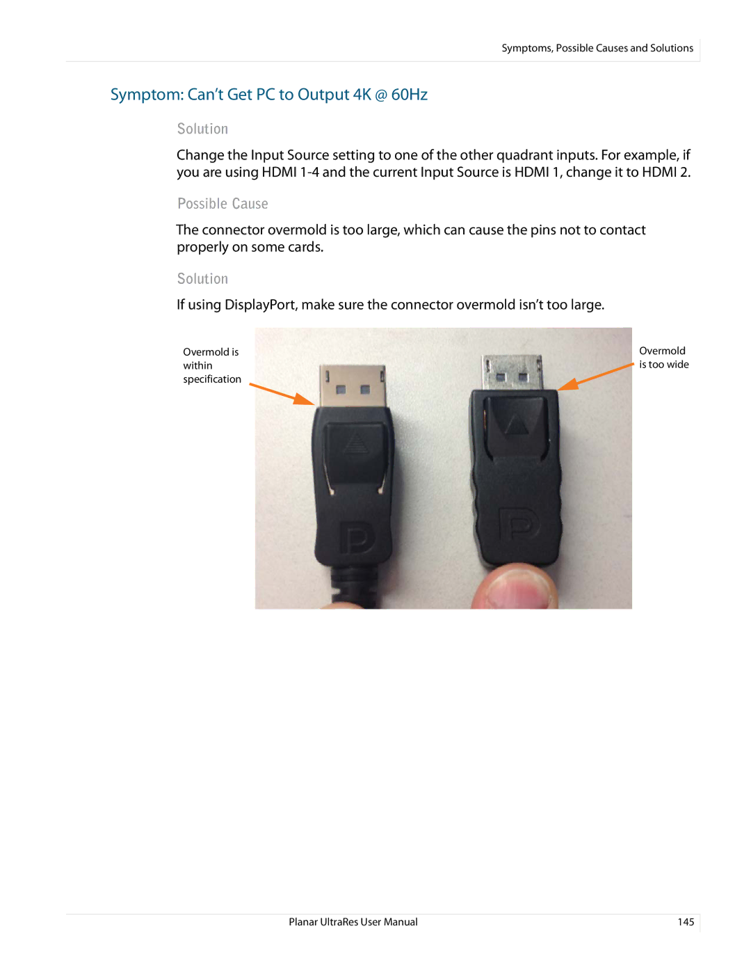 Planar 020-1229-03A user manual Symptom Can’t Get PC to Output 4K @ 60Hz 