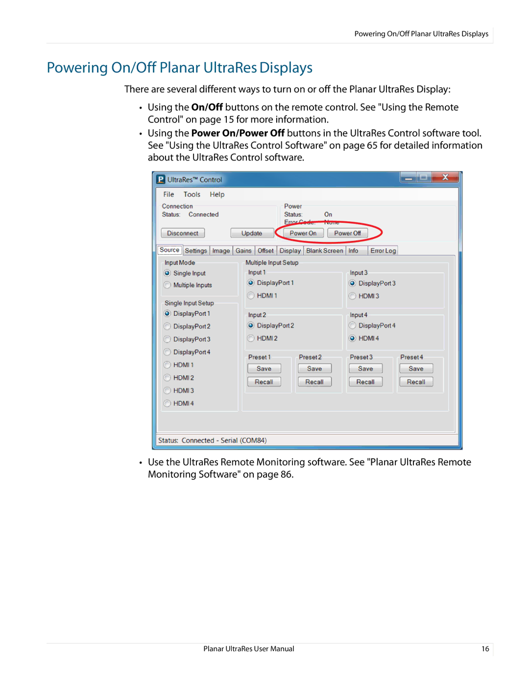 Planar 020-1229-03A user manual Powering On/Off Planar UltraRes Displays 