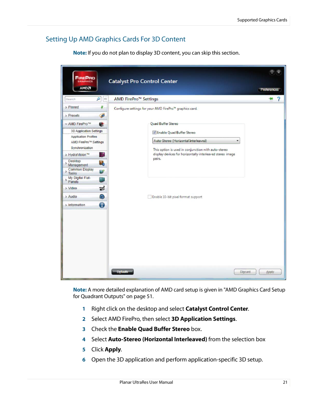 Planar 020-1229-03A user manual Setting Up AMD Graphics Cards For 3D Content 