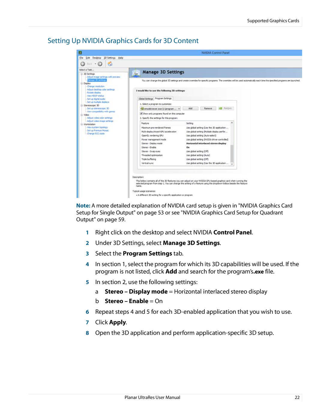 Planar 020-1229-03A user manual Setting Up Nvidia Graphics Cards for 3D Content, Select the Program Settings tab 