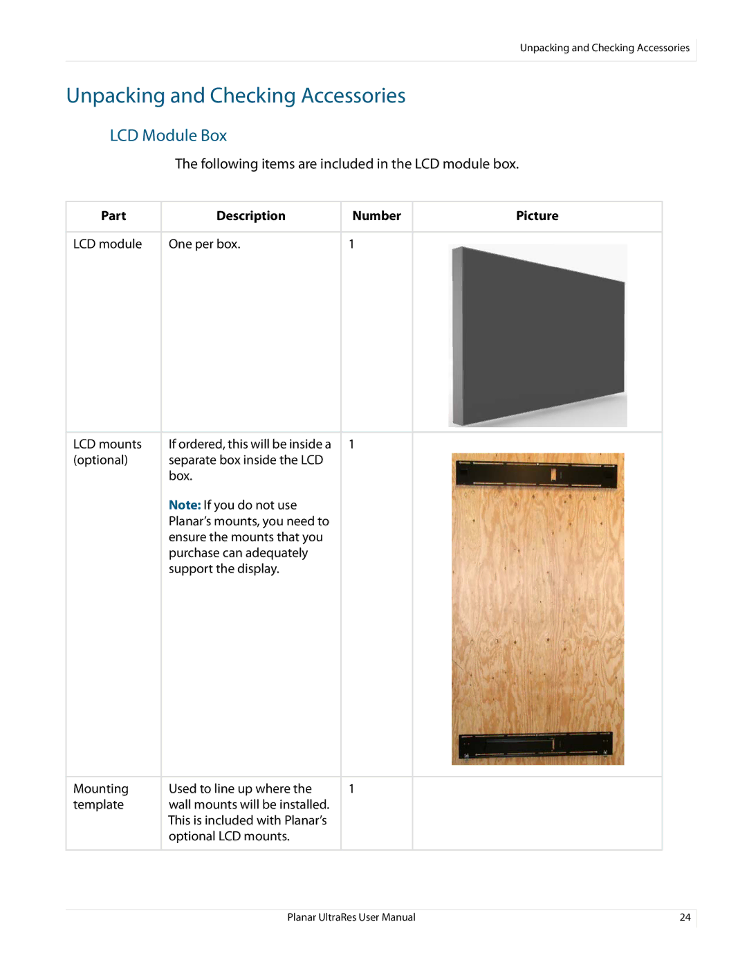 Planar 020-1229-03A user manual Unpacking and Checking Accessories, LCD Module Box 