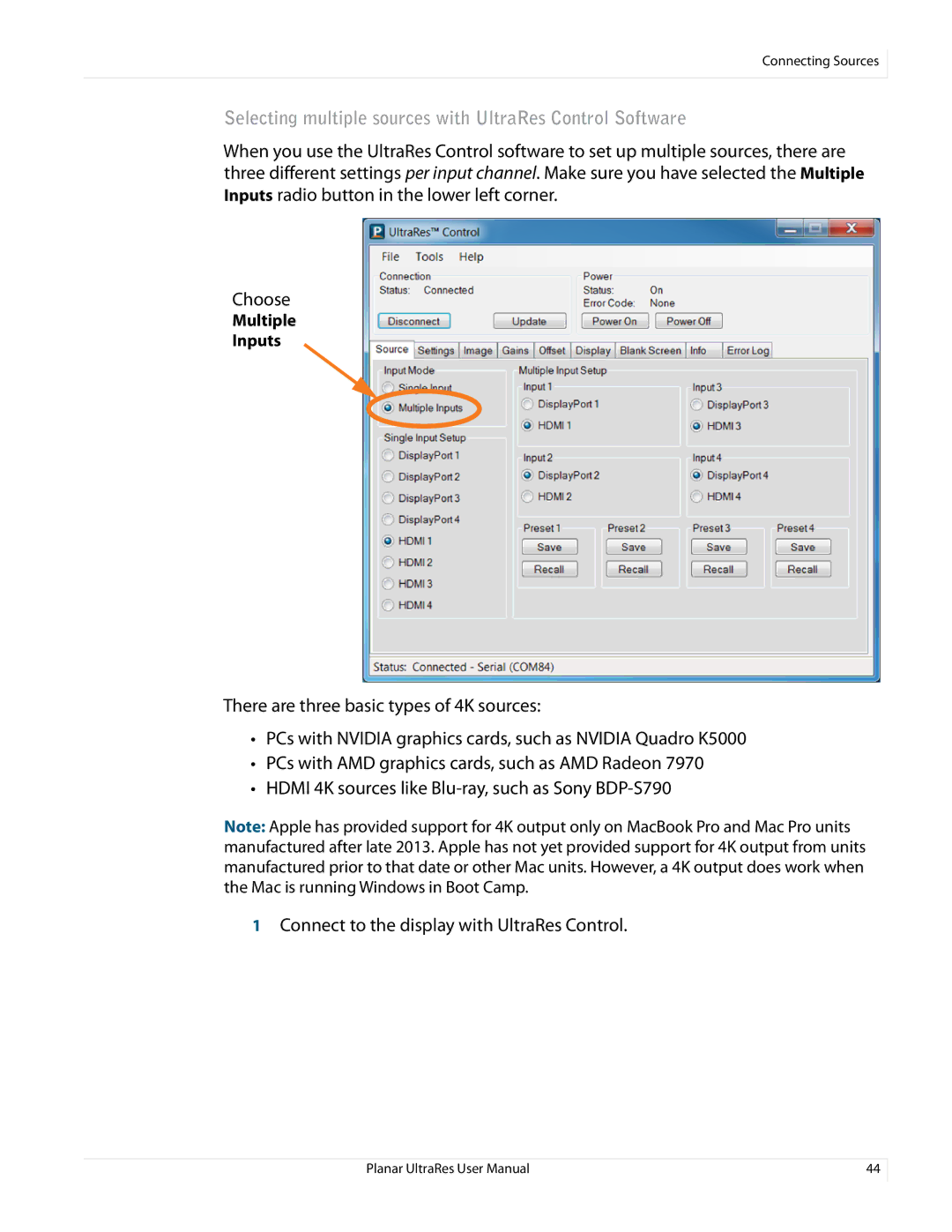 Planar 020-1229-03A user manual Selecting multiple sources with UltraRes Control Software 