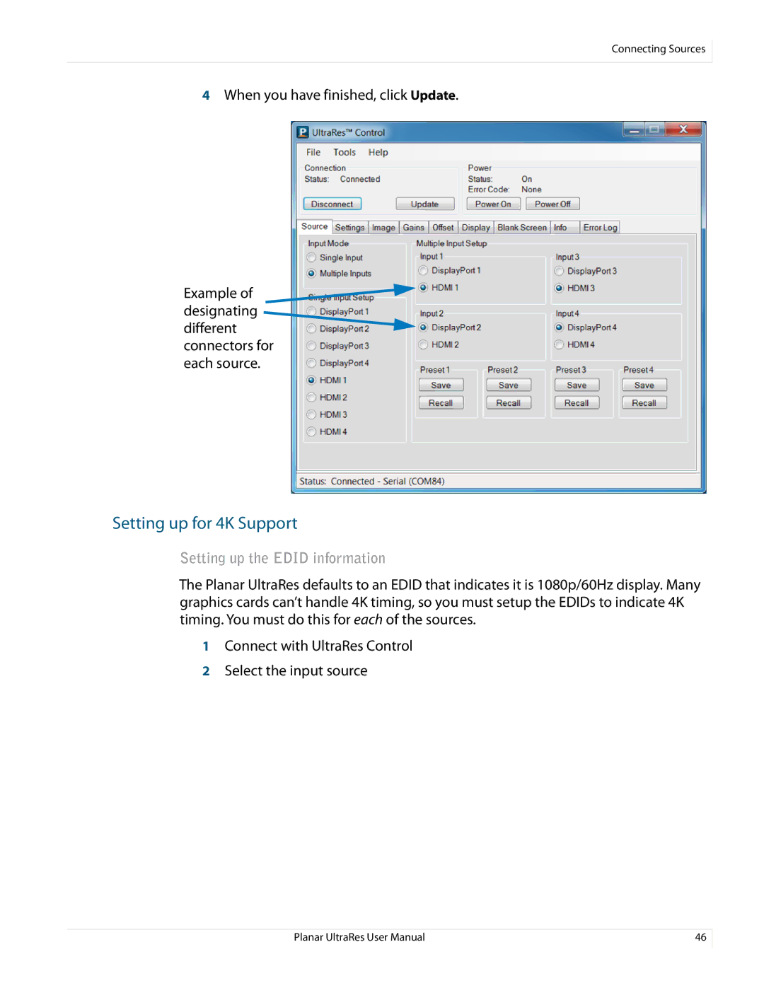 Planar 020-1229-03A user manual Setting up for 4K Support, Setting up the Edid information 