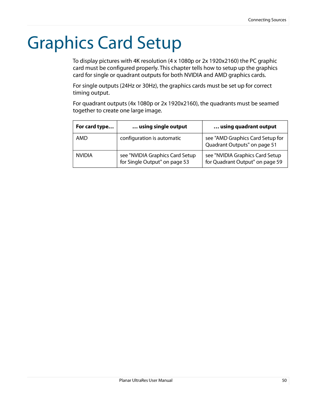 Planar 020-1229-03A user manual Graphics Card Setup, … using single output … using quadrant output 