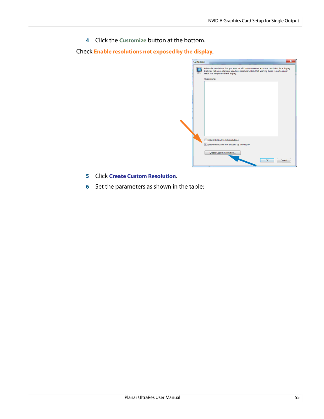 Planar 020-1229-03A user manual Set the parameters as shown in the table 