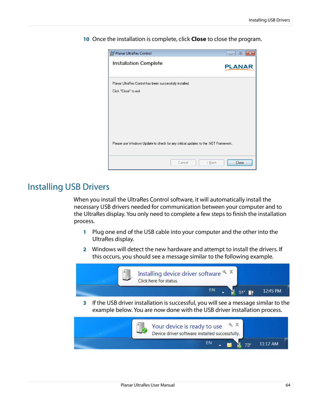 Planar 020-1229-03A user manual Installing USB Drivers 