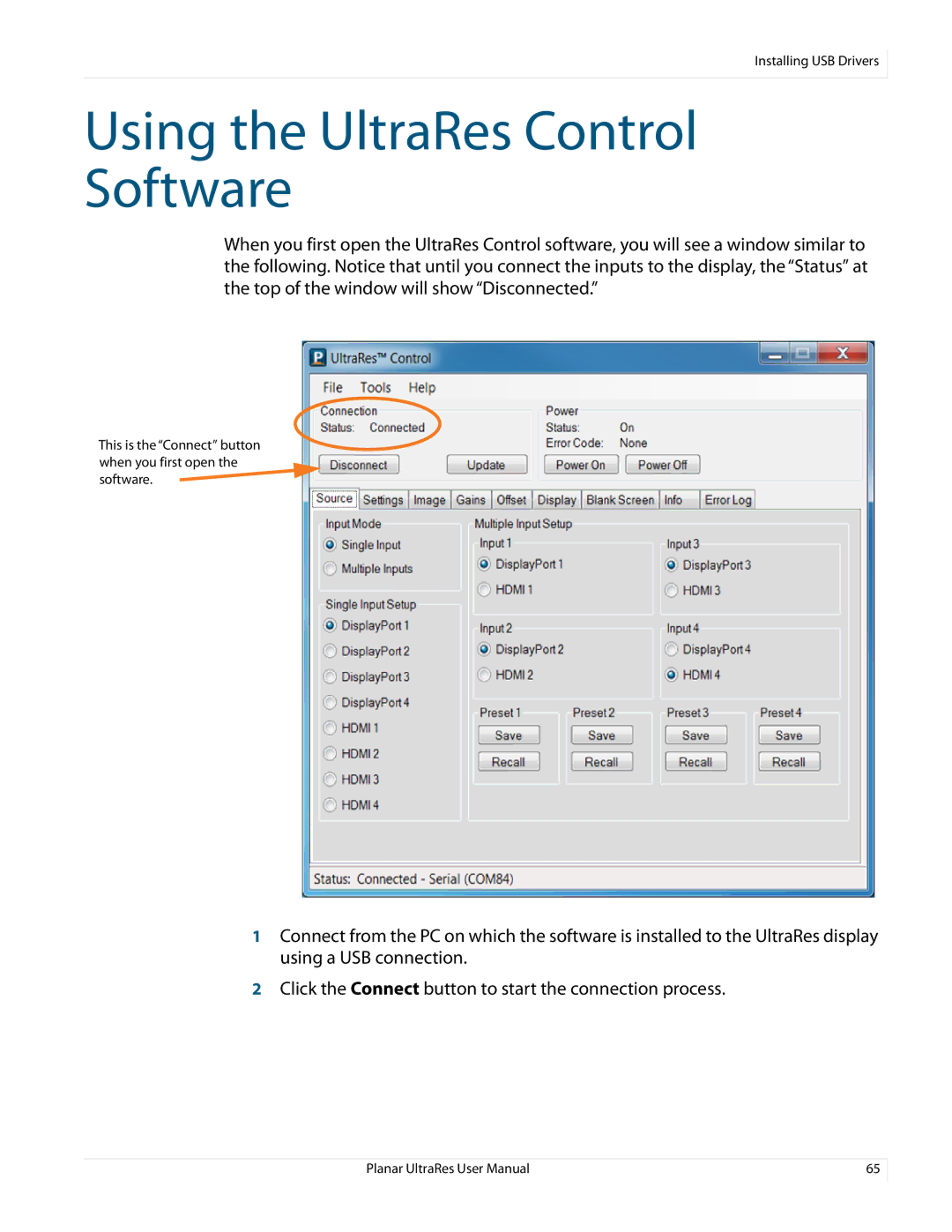 Planar 020-1229-03A user manual Using the UltraRes Control Software 