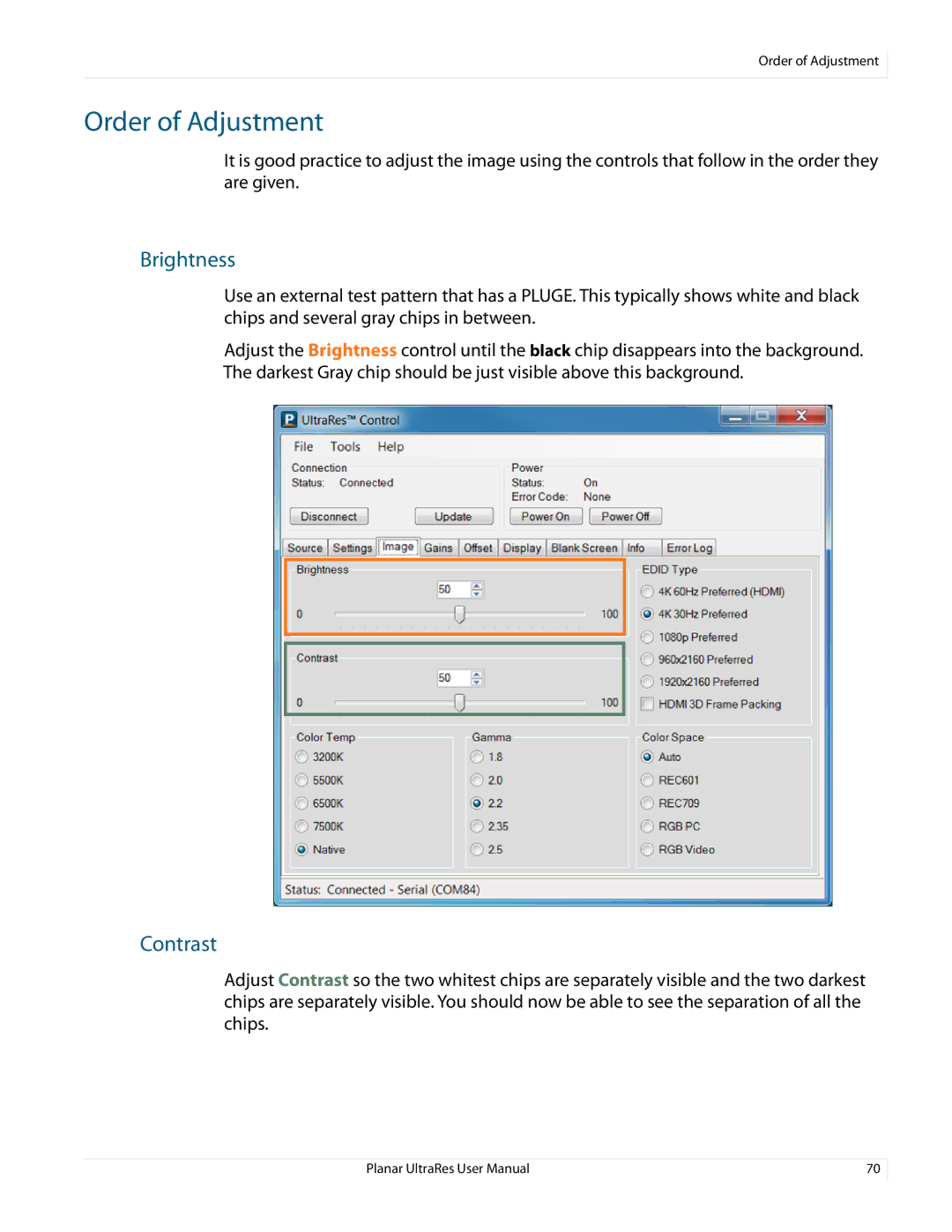 Planar 020-1229-03A user manual Order of Adjustment, Brightness, Contrast 