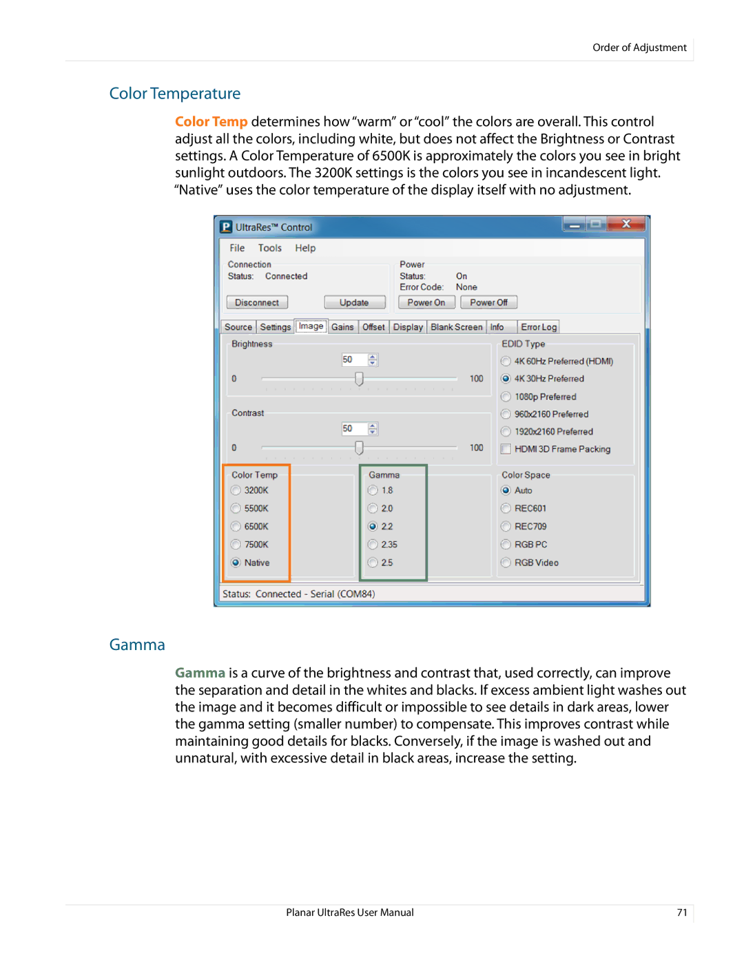 Planar 020-1229-03A user manual Color Temperature, Gamma 