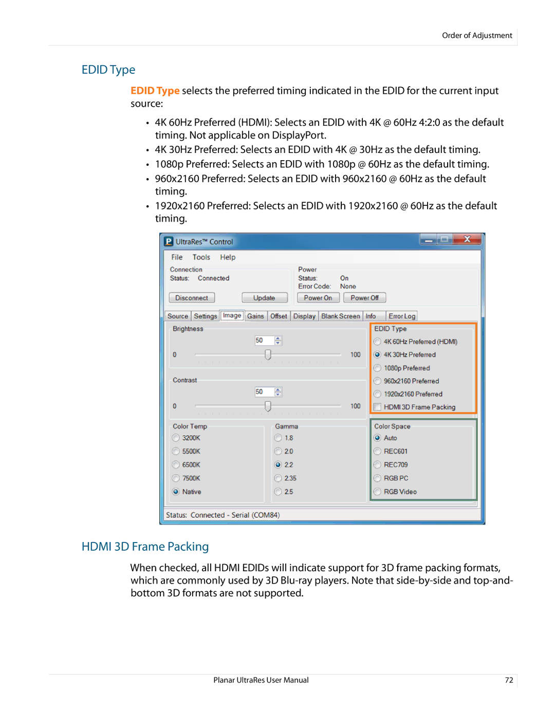 Planar 020-1229-03A user manual Edid Type, Hdmi 3D Frame Packing 