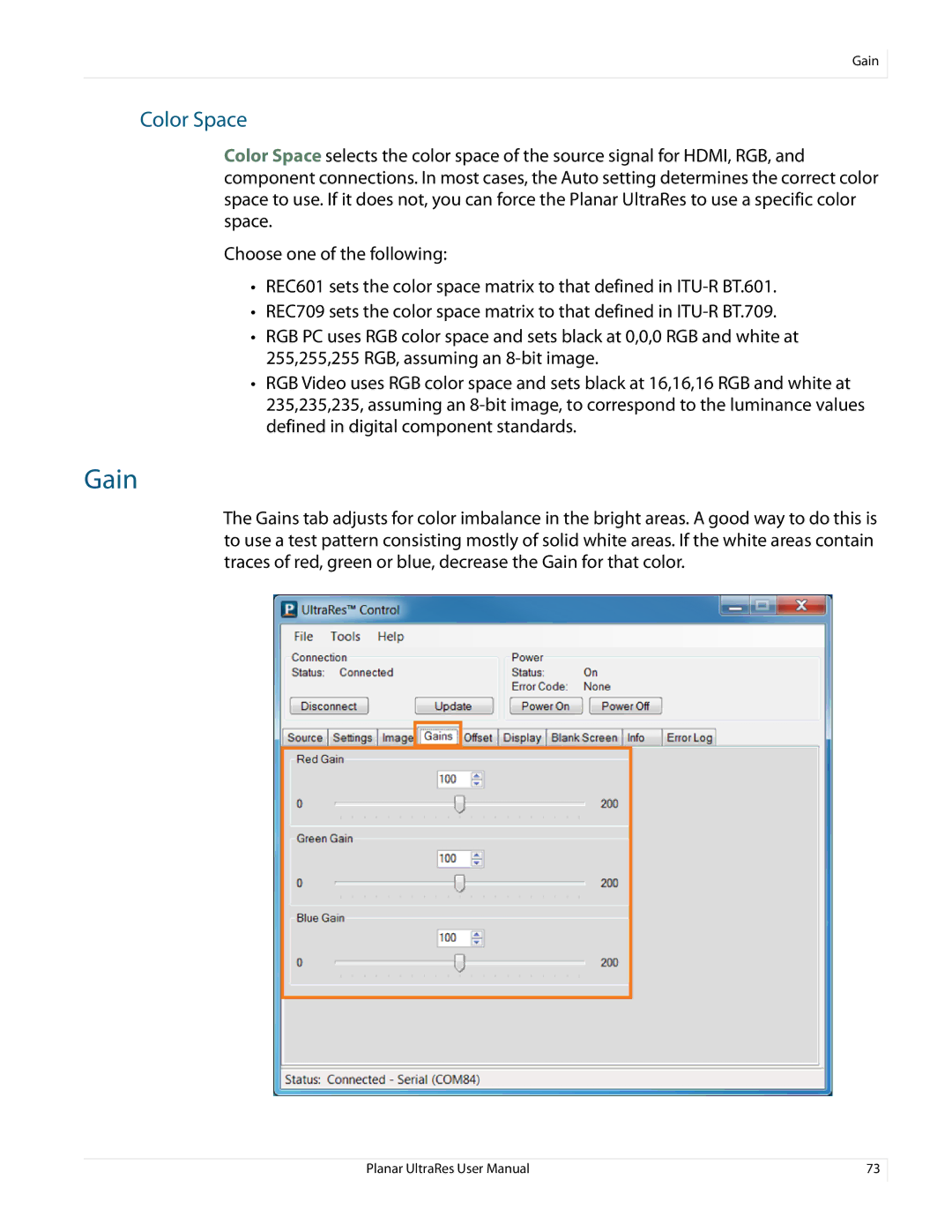 Planar 020-1229-03A user manual Gain, Color Space 