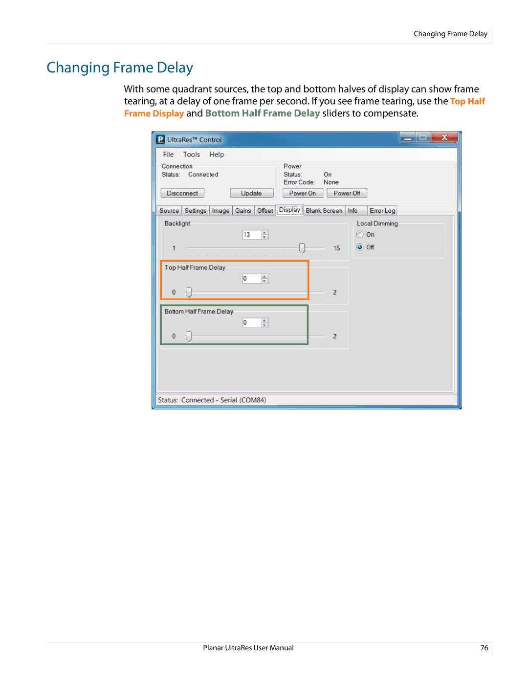 Planar 020-1229-03A user manual Changing Frame Delay 