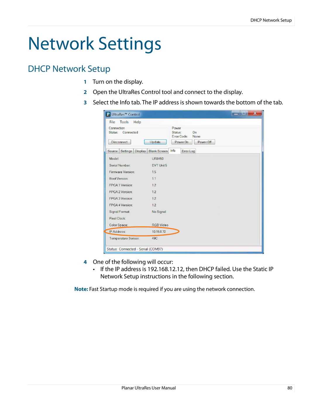 Planar 020-1229-03A user manual Network Settings, Dhcp Network Setup 